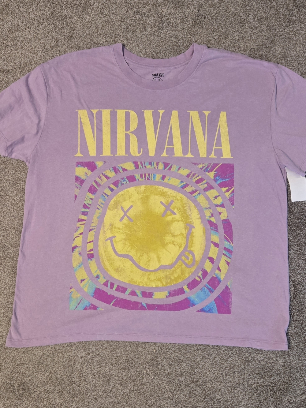 NIRVANA Lavender Short-Sleeve Tee with Yellow Smiley and Multicolor Rings